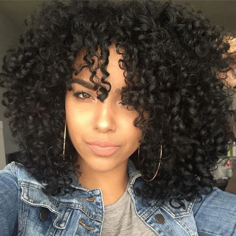 

Stamped Glorious 14inches Black Afro Kinky Curly Wig With Bangs Long Synthetic Wigs for Black Women Nature Heat Resistant Wig