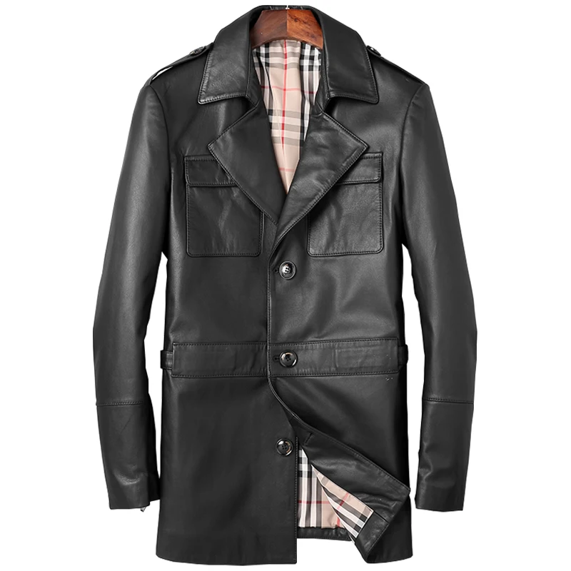 DK New Fashion Formal Cowhide Coat Men Autumn Genuine Leather Jackets Businessman Medium Long Real Cowhide Leather Clothing
