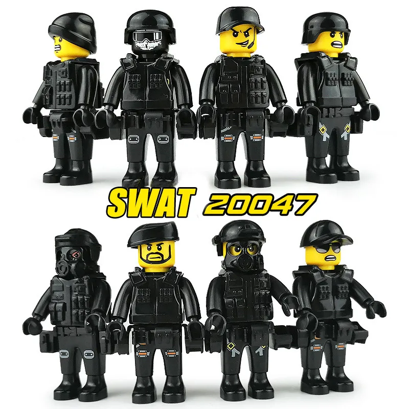 

8pcs/set Military Special Forces Black Police Mini Figure Building Blocks WW2 Army Soldiers Weapon Parts Brick Toys for Children