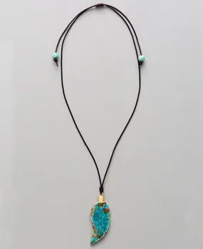 New Womem Necklaces Jewelry Natural Stone Gilded Leaf Leather Cord Pendant Necklace Fashion Necklace Homme Dropshipping