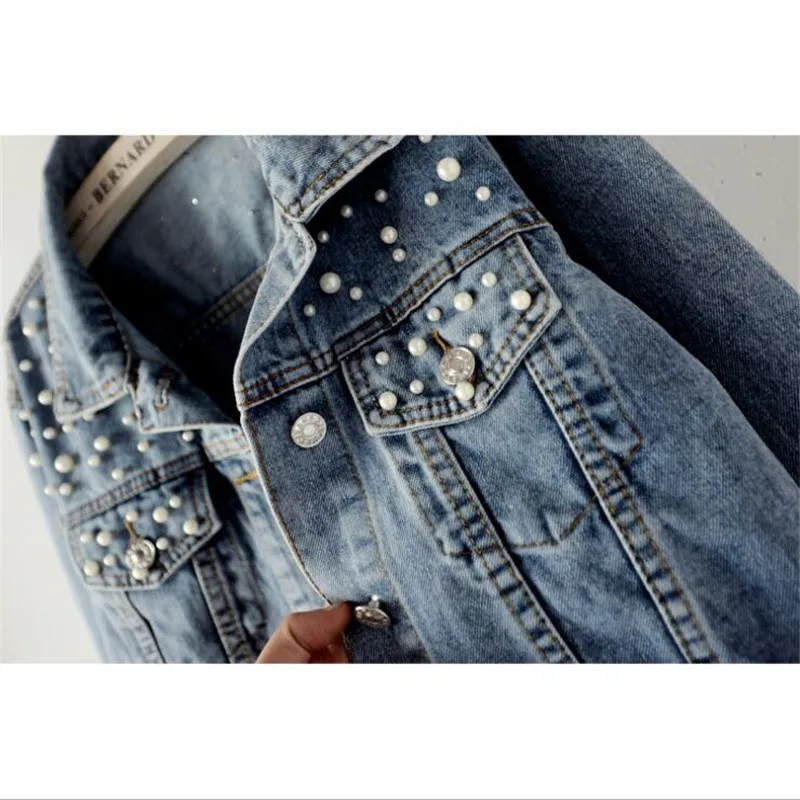 2021 Fast Delivery New Autumn Fashion Women’s Denim Jacket Full Sleeve Loose Button Pearls Short Lapel Wild Leisure AP446