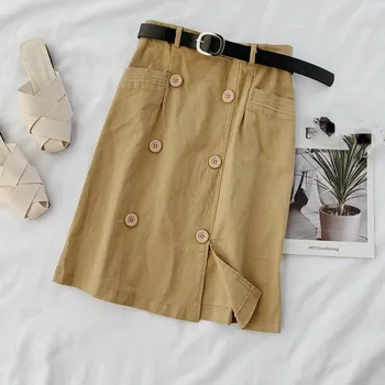 

Women Preppy Style A-Line Midi Skirts Vintage High Waist Pocket Split Skirts 2019 Summer Knee Length Pencil Skirts