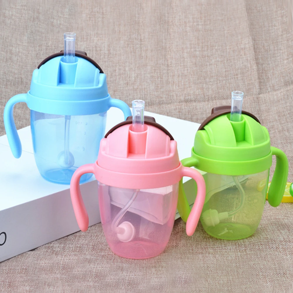 300ml Cups Leakproof Suction Feeding Bottle Portable Non Toxic Straw With Handles Milk Wide Mouth Water PP Training Babies