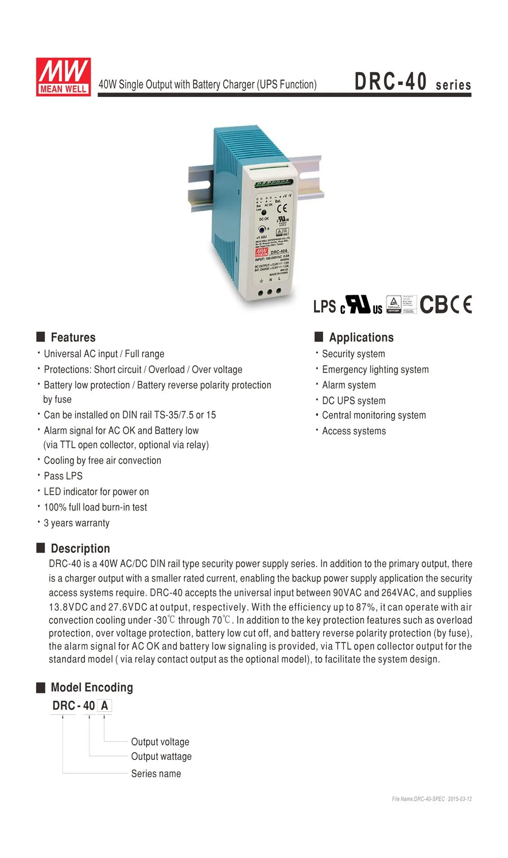 Бренд MEAN WELL представляет DRC-40B переключение Питание 40 Вт 24~ 30V 110 V/220 В переменного тока до 27,6 V DC 0.95A DIN Rail Батарея Зарядное устройство с UPS Функция