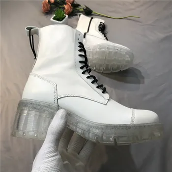 

Martin Boots For Women Leather White Lace up Boots Autumn new 2020 Zipper Boots with transparent Sole Same typle as Famous Star