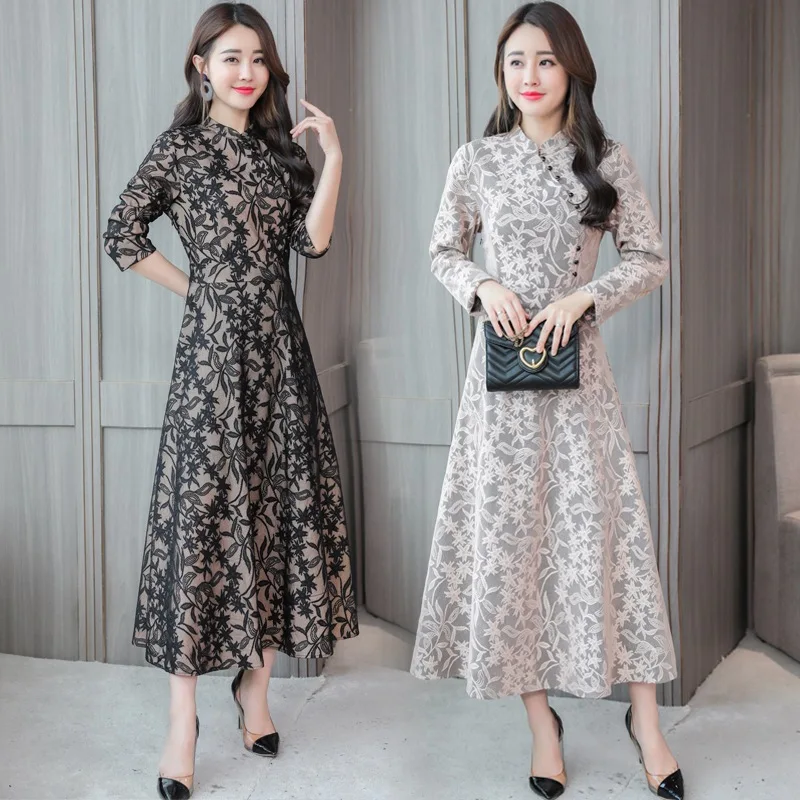 

Retro Lace Dress Women's Elegant Mid-length Improved Edition Cheongsam Gentle Fairy Skirt Spring Clothing 2019 New Style