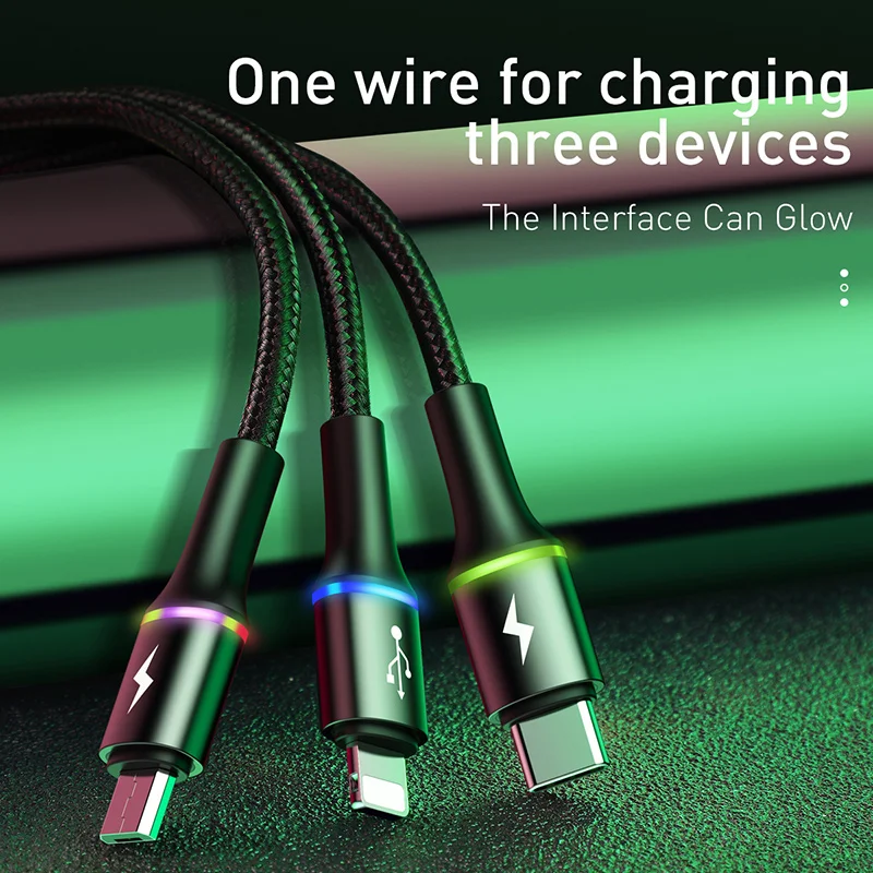 Baseus 3 в 1 USB кабель для iPhone светодиодный 3в1 мульти Micro usb type C кабель для samsung S10 мобильный телефон Быстрая зарядка зарядное устройство Шнур