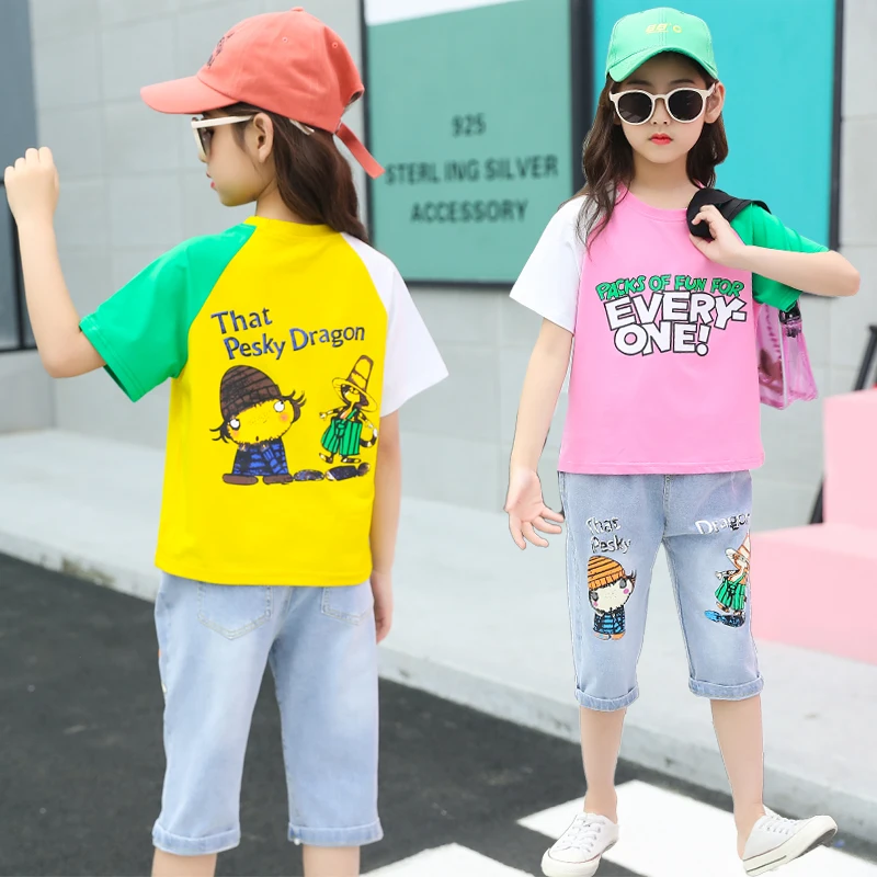 Girls Matching Two 2 Piece Outfits Clothing Denim Jean Shorts Color Block Matching T-Shirt And Jeans Clothing Set