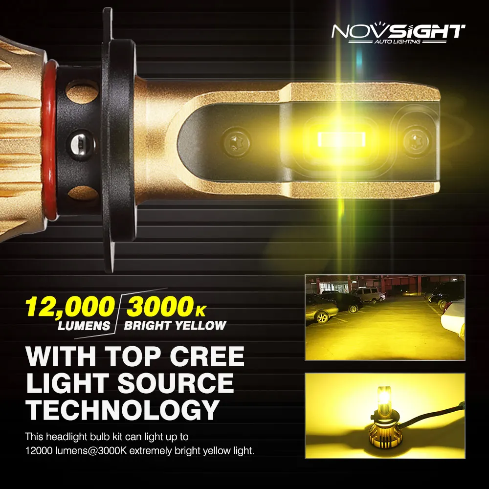 NOVSIGHT 72W фары для 12000LM Автомобильный светодиодный фары для H4 светодиодный H7 H1 H3 H11 H13 HB3/9005 HB4/9006 HB5/9007 светодиодный фары 3000K желтого золота