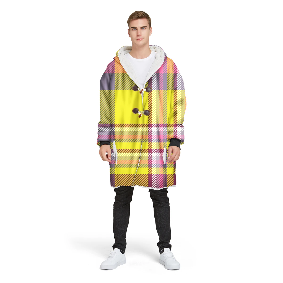 

2019 new brand 3D print custom design man's Sherpa coat loose long winter plus velvet jacket 100% polyester hooded warm CL09