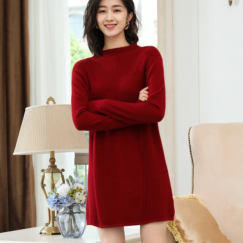 

2019 Autumn And Winter New Style Woolen Fabric Cashmere Sweater Women's Half-Turtle-Neck Solid Color Sweater Dress Mid-length Lo