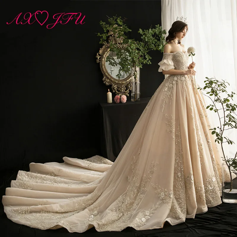 AXJFU роскошное кружевное свадебное платье принцессы шампанского, винтажные бисерные украшения для выреза «Лодочка», хрустальное свадебное платье с расклешенными рукавами, настоящая фотография