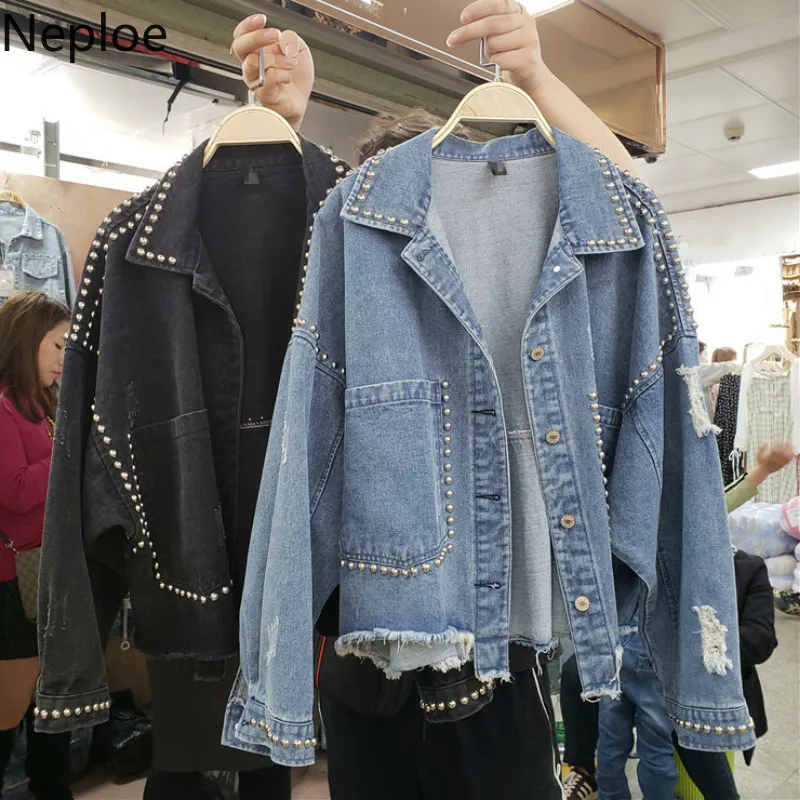 

Neploe Auntumn Winter News Loose Plus Size Solid Denim Jackets Fashion Polo Collar Rivet Short Casaco Feminino Jacket 45623
