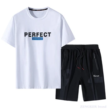

Men's short-sleeved t-shirt five-point shorts casual summer suit letter cotton sports two-piece suit plus fertilizer XL L-9xl