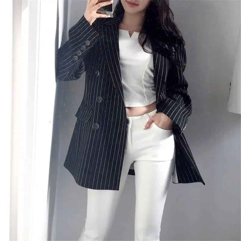 Office Ladies Striped Blazers Women Streetwear Double-Breasted Suit Jacket Casual Blazer Notched Jacket Loose Coat