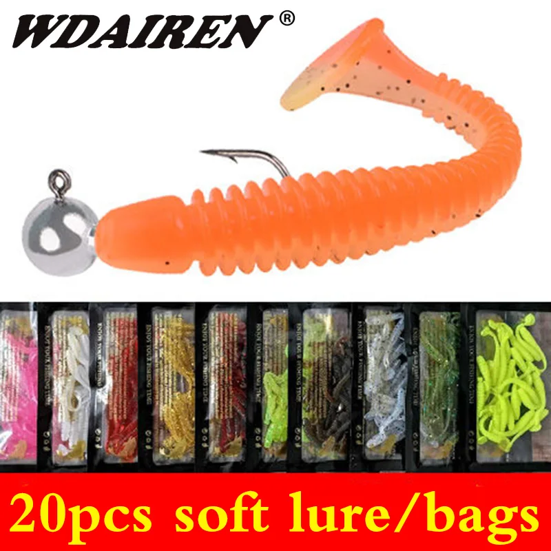 20 pièces/lot ver doux T queue appât 48mm 0.8g gigotant Wobblers brochet basse appâts tout pour la pêche leurres accessoire caoutchouc appât Pesca (lo