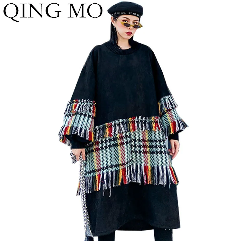 QING MO женское черное платье Толстовка 2020 клетчатое лоскутное толстовка с