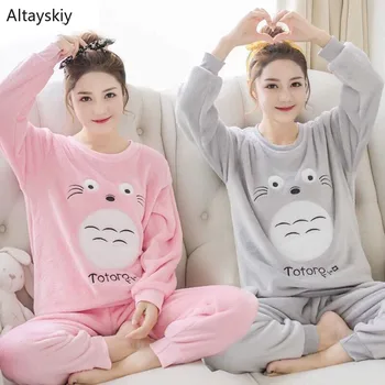

Pajama Sets Women O-Neck Soft Winter Warm Simple All-match Korean Style Lovely 2 Pieces Set Womens Cartoon Printed Full Chic