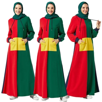 

Dubai Women Muslim Long Sleeve Maxi Dress Patchwork Jilbab Kaftan Islamic Casual Sport Hooded Sweatshirt Long Robe Dresses Lady