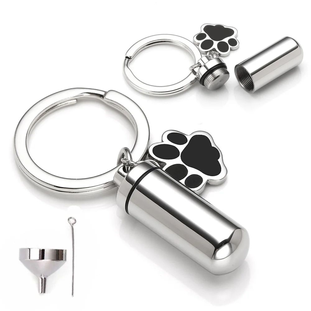 Pet Keychain Cylinder Key chain with Dog Paw Print Memorial Urn Necklace for Ashes Stainless Steel Cremation Jewelry