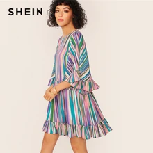 Шеин преувеличенный рукав колокол гофрированный подол красочное Полосатое платье для женщин лето осень О образным вырезом с высокой талией в стиле бохо милые короткие платья