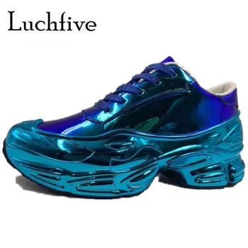 

Laser Blue Mirror Leather Sneakers Chunky Sole Height Increasing Shoes Women Casual Platform Trainers Shoes Silver Black Shoes