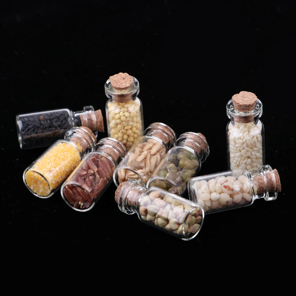 9 Pieces Dollhouse Glass Jars with Dried Foods, 1/12 Scale Miniature Bottles