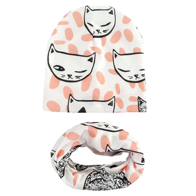 pink cat Весенне-осенняя шапка для девочек, шарф, комплект с рисунком панды, кота, шапка для маленьких мальчиков и девочек, детская шляпа, шарф-воротник, хлопковый детский набор с шапочкой - Цвет: pink cat