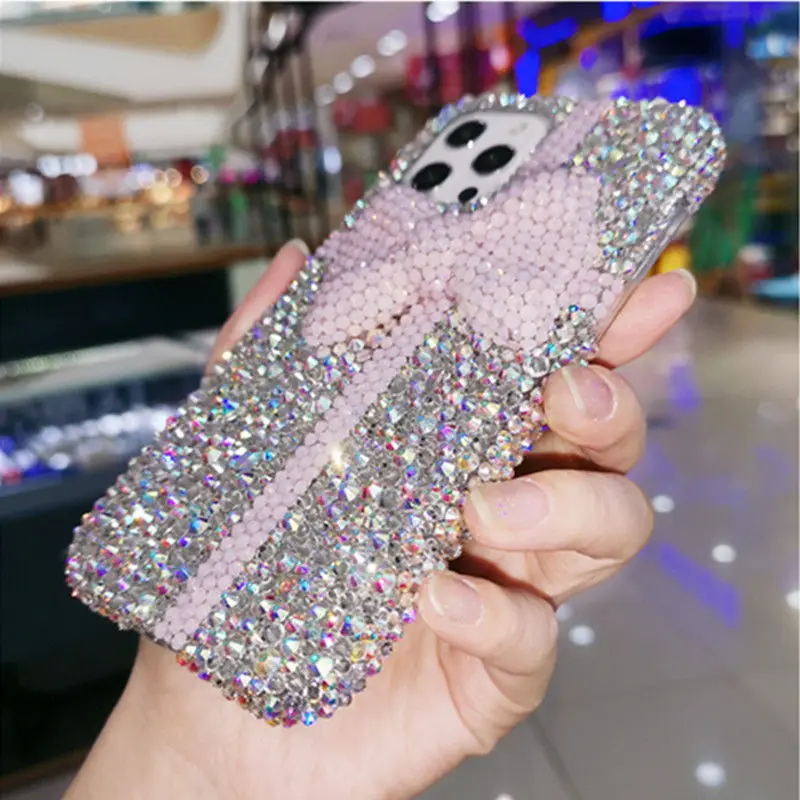 Handmade Diamond Cute Pink Bow Back Cover for IPhone 12 Pro Max Case for Iphone12 Mini X Xr Xs 11 Pro Max Case with Wrist Chain