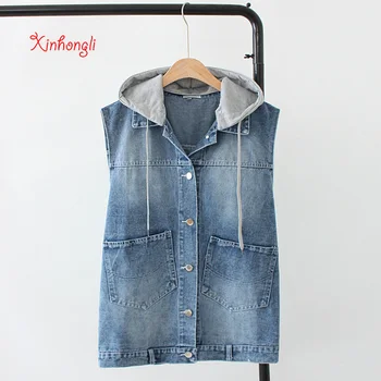 

Plus size hooded denim cotton women loose VEST coat 2020 NEW autumn casual ladies pockets jeans gilet jackets female tops