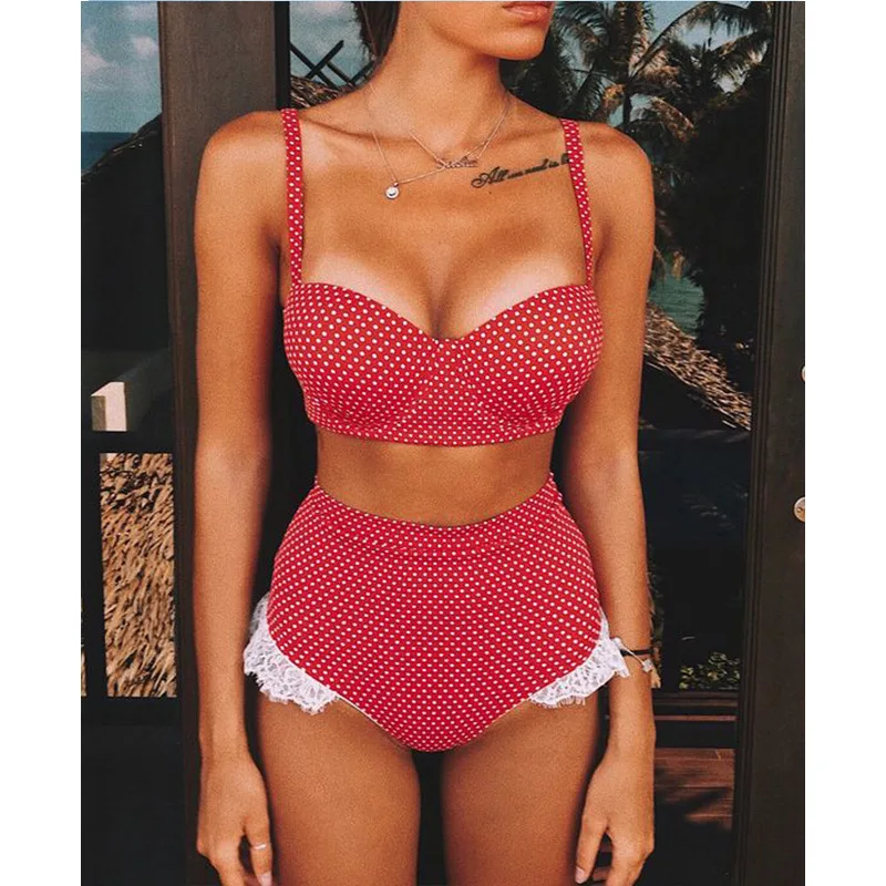 

2020 Retro High Waist Bikini Set Women Halter Swimwear Push Up Swimsuit Dot Print Female Bathing Suit Beachwear Biquini