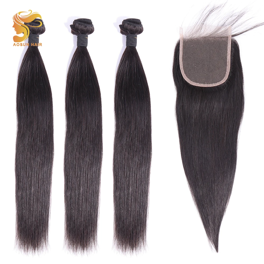 AOSUN волосы перуанские прямые 3 пучка с закрытием 100% человеческие волосы пучки с кружевной застежкой 10-28 дюймов remy Волосы для наращивания