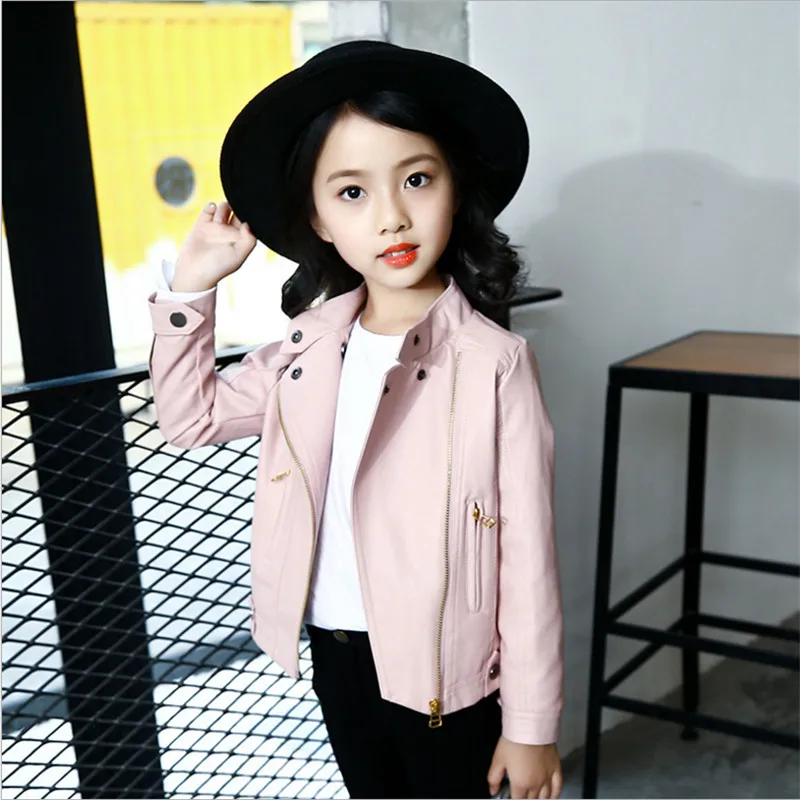 Girls Faux Leather Jacket Coat Fashion Zipper Turn Collar Pu Jackets Children Warm Outerwear 6 8 10 12 teenager girl clothes - Цвет: pink