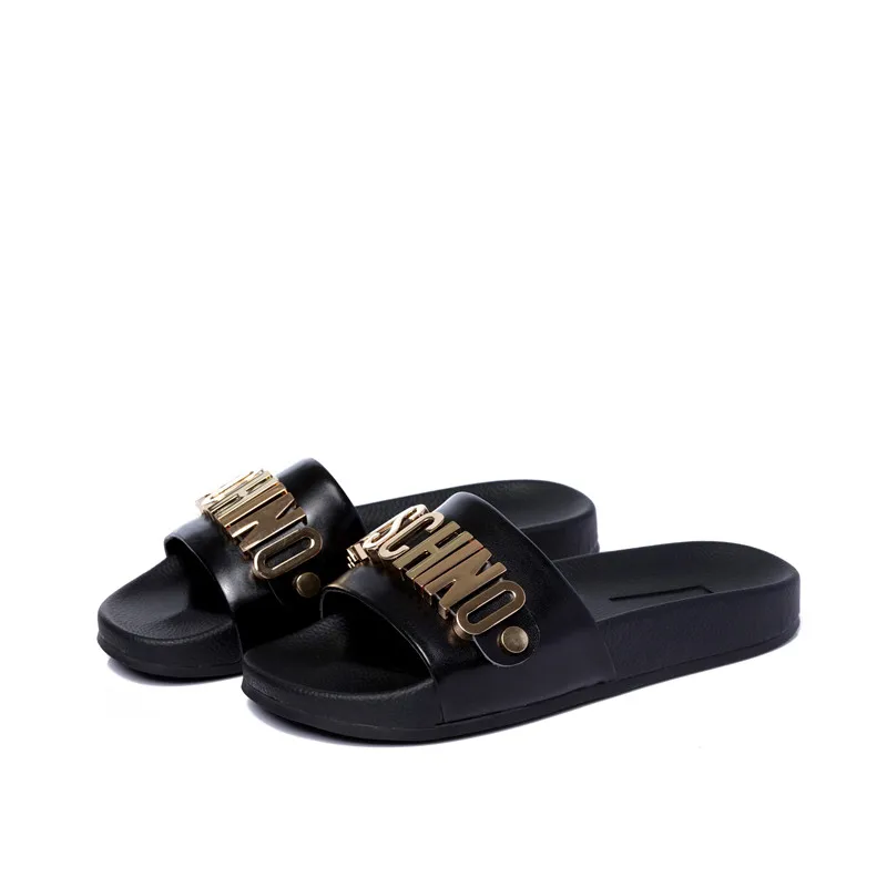

Fashion Designer Slides Summer Slippers Female Leather Beach Sandals Metal Alphabet Luxury Shoes Rubber Flip-flops 35-40 Size