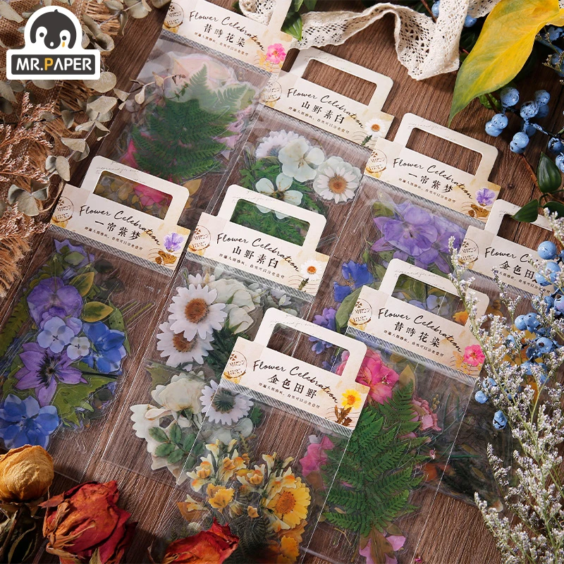Pegatinas de palabras japonesas Mr.Paper 4 Designs Natural Daisy Clover, Material PET transparente, flores, hojas, plantas, pegatinas decorativas