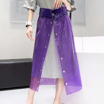 

XUXI 2019 Women New Summer Personality Single Breasted PVC Transparent Sexy skirts Plastic Perspective A-line Skirt FZ0041