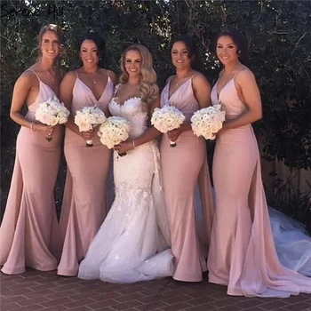 

Pink Spaghetti Strap Mermaid Bridesmaid Dresses 2020 V-Neck Wedding Guest Prom Dress Sleeveless Chiffon Train Maid of Honor Gown