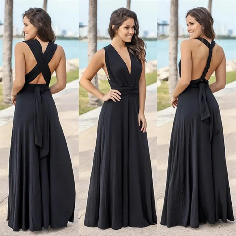 New Pure Color Covertible Bridesmaid Dresses Pleated Floor length Country Beach Wedding Guest Party Gowns Cheap Long Prom Dress