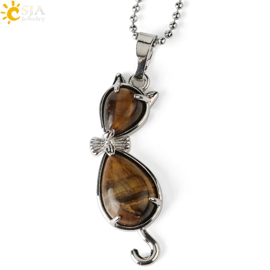 Tiger Eye Chain CSJA натуральный камень кошка животное кулон в форме капли воды Исцеление розовый с кварцевым тигровым глазом фиолетовый кристалл прекрасные ожерелья для женщин девочек G305 - Окраска металла: Tiger Eye Chain