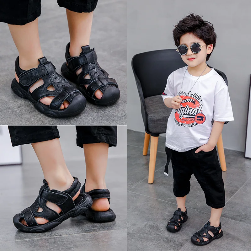 Summer Fashion Leather Sandal For Boys Non Slip Anti bump Toe Soft Soled Shoes Children Cowhide Sandals Teenager Beach Sandals summer baby girls sandals genuine leather cartoon strawberry children s beach sandals cowhide non slip sole kids shoes