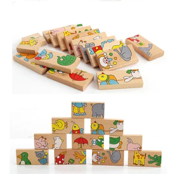 

15pcs/Set Baby Kids Domino Building Blocks Wooden Cartoon Animals Blocks Montessori Intelligence Toy For Children New Year Gift