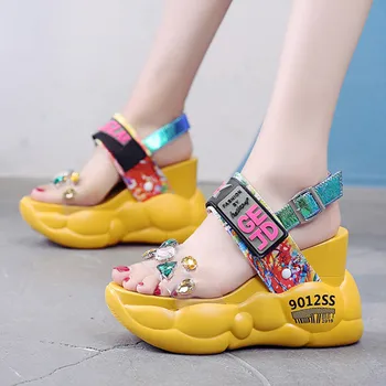 

Platform Sandals Women Wedge High Heels Ladies Shoes Pink White Rhinestones Transparent Shoes Woman Beach Strange Heel Sandals