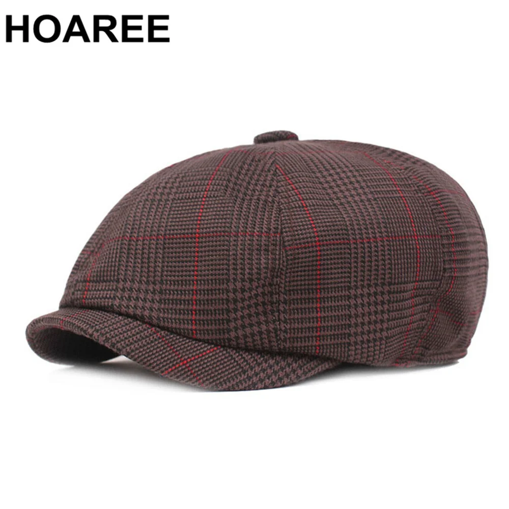 

HOAREE 100% Cotton Men Newsboy Cap Coffee Houndstooth Octagonal Hat Women Vintage Plaid Spring Adjustable Painter Flat Caps