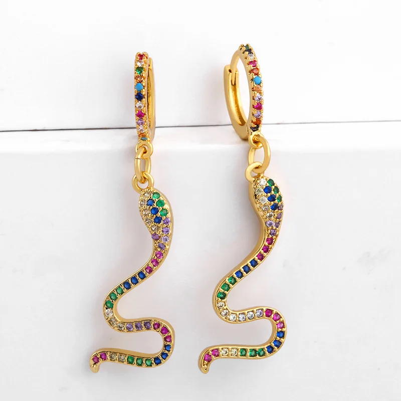 Серьги-кольца в виде змеи, Золотые серьги для женщин, разноцветные стразы, циркониевые маленькие серьги-кольца