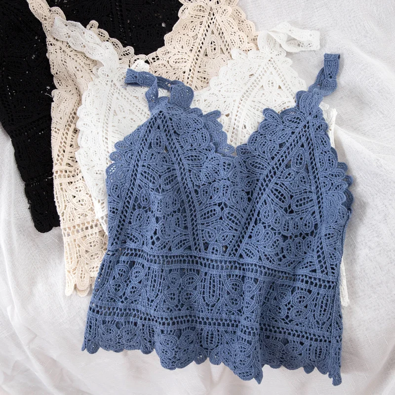 

Women Summer Sweet Hollow Out Lace Camis Fashion Sexy Vacation Beach Knitting Vest Crop Top Womens Tanks Tops