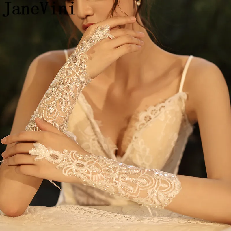 JaneVini Wrist Length Bridal Gloves Sequined Lace Short Fingerless Wedding Glovers for Brides White Korea Style Gants Soiree