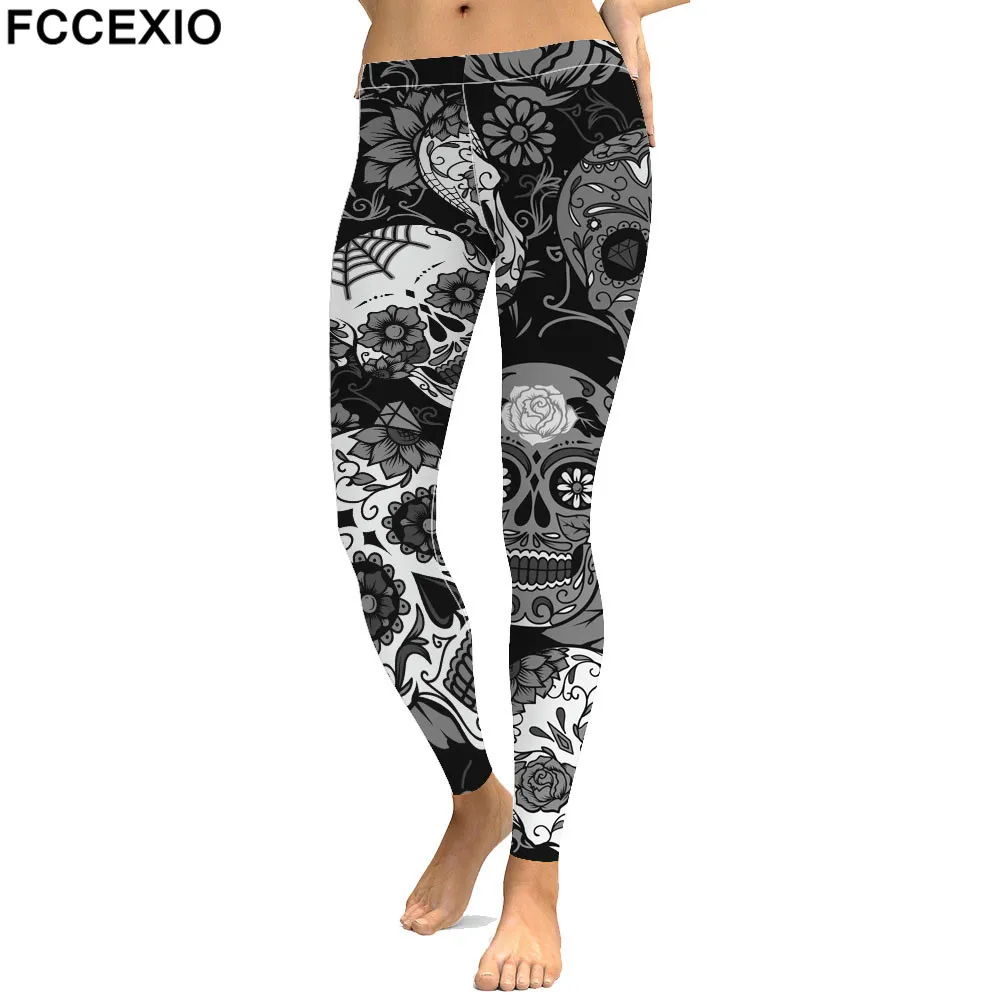 FCCEXIO 3D Skull New Design Punk Women Legging Gothic Style Rose Retro Vintage Steampunk Leggins Ankle Pants Cosplay Leggings - Цвет: 55276