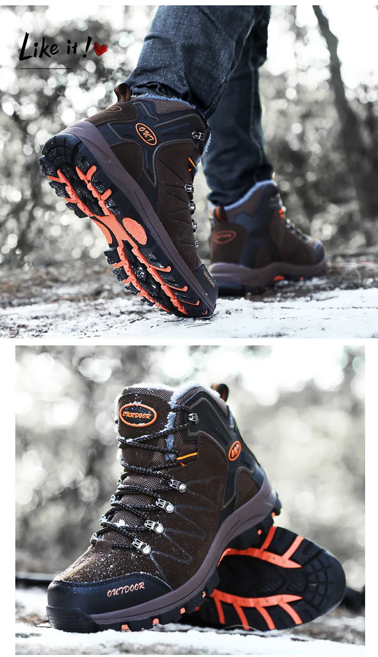 Зимние мужские новые стильные уличные ботинки для скалолазания Мужская обувь с высоким берцем большого размера противоскользящие удобные бархатные теплые походные ботинки