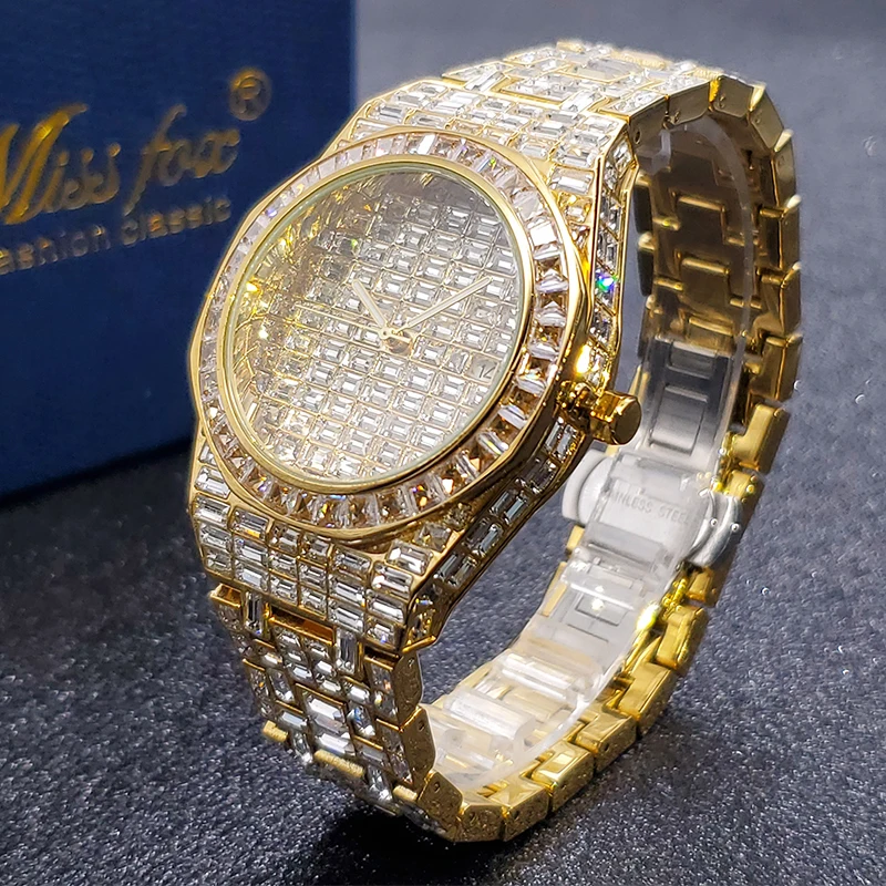 Men Watches MISSFOX Luxury Brand Baguette Drop Iced Diamond Watch With 18K Gold Plate Waterproof Hand Clock Male Dropshipping amaoe m1 cpu pro max stencil bga reballing tin planting plate for watch cpu hi6262 vivo x note honor magic4 camera iqoo 11