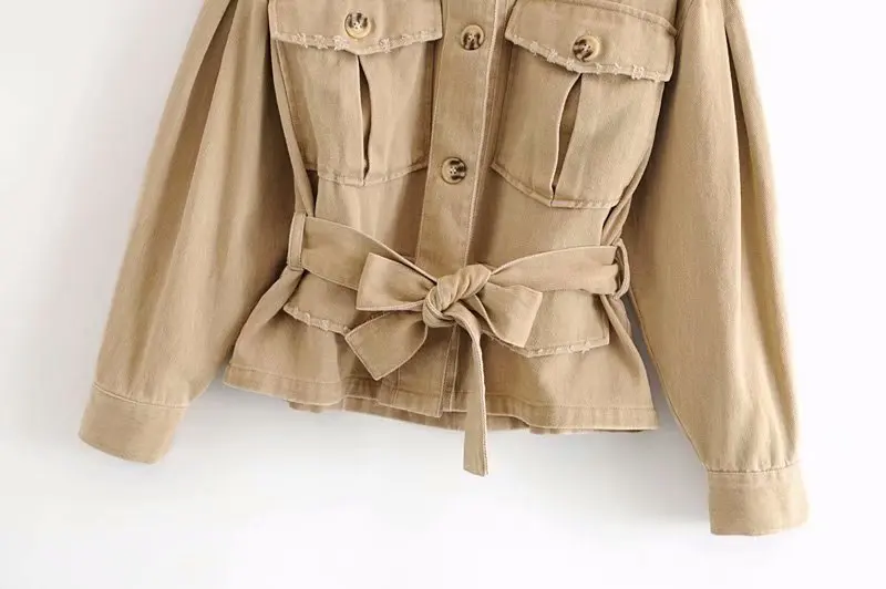 Хаки рваные рваная джинсовая куртка женская джинсовая куртка однобортный Пояс Талия пальто осень американская европейская одежда